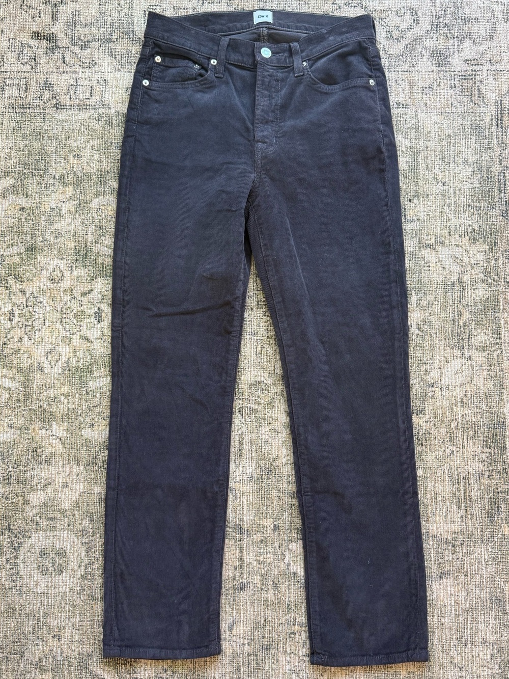 NWOT Edwin Corduroy Straight Leg Charcoal Gray Pants Organic Cotton Women's 27